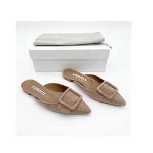 Manolo Blahnik Maysale Nude Neutral Suede Buckle Pointed Toe Mule Flats IT 39.5